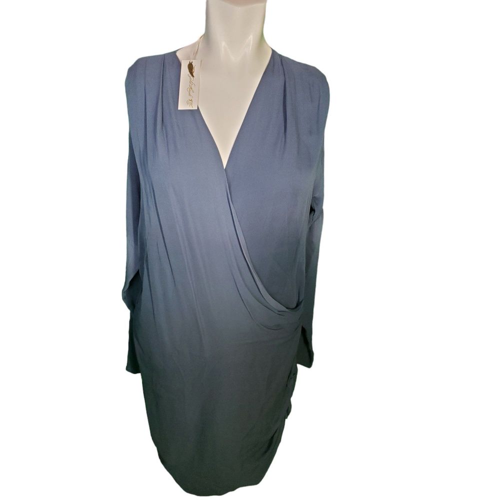 Gold Hawk Blue Sheer Silk Wrap Long Sleeve Ombre Slip Dress sz S NEW Retail $385